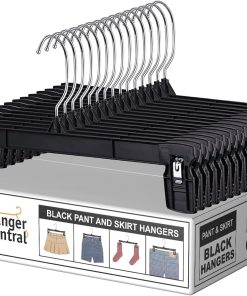 12 inch 30 Pack Pants Hangers Slim Plastic Clothes Hangers with Clips for Skirts. Shorts & Trousers – Non Slip Grip. Heavy Duty Space Saver with Swivel Hook – Black Closet Organizer